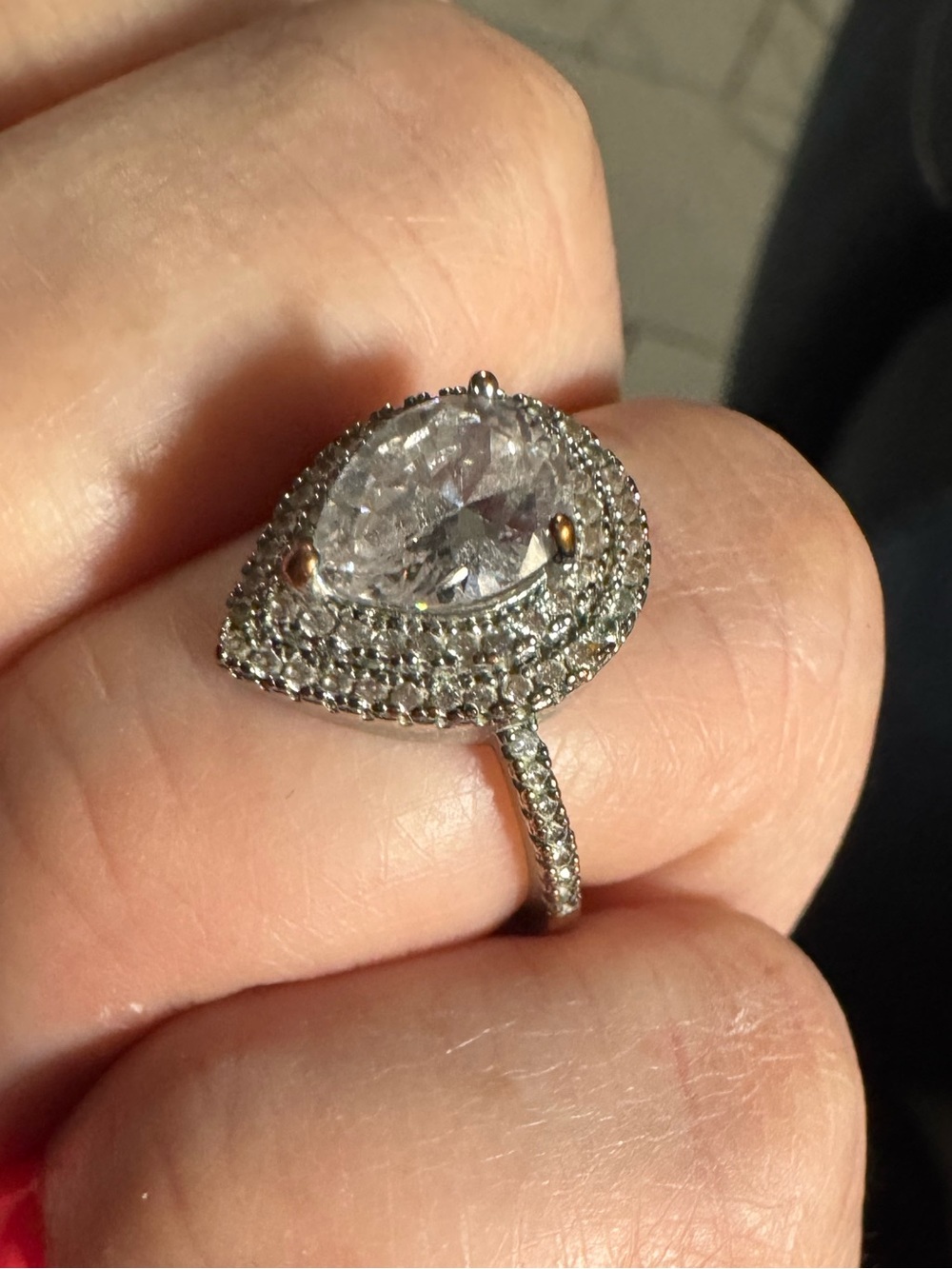 Silver Teardrop Halo Cubic Zirconia Ring - White